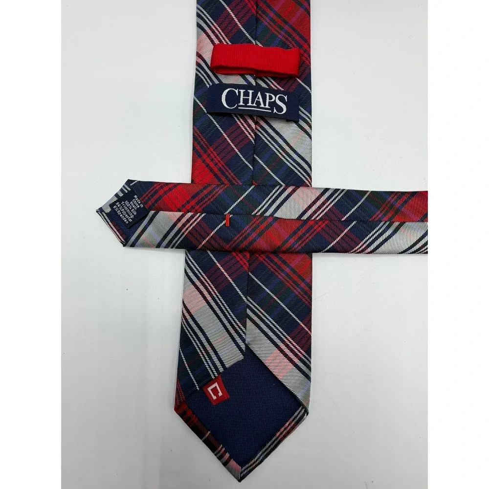 Chaps Mens Silk Necktie Red Navy Blue Green Plaid Classic Formal Dress Tie